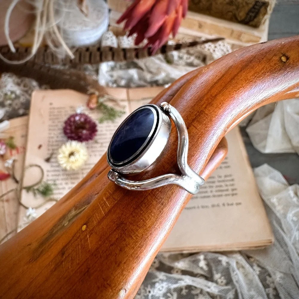 Vintage Sterling Silver Lapis Lazuli & Chrysoprase Spinner Bezel Ring Size 7.75 - Picture 4 of 14